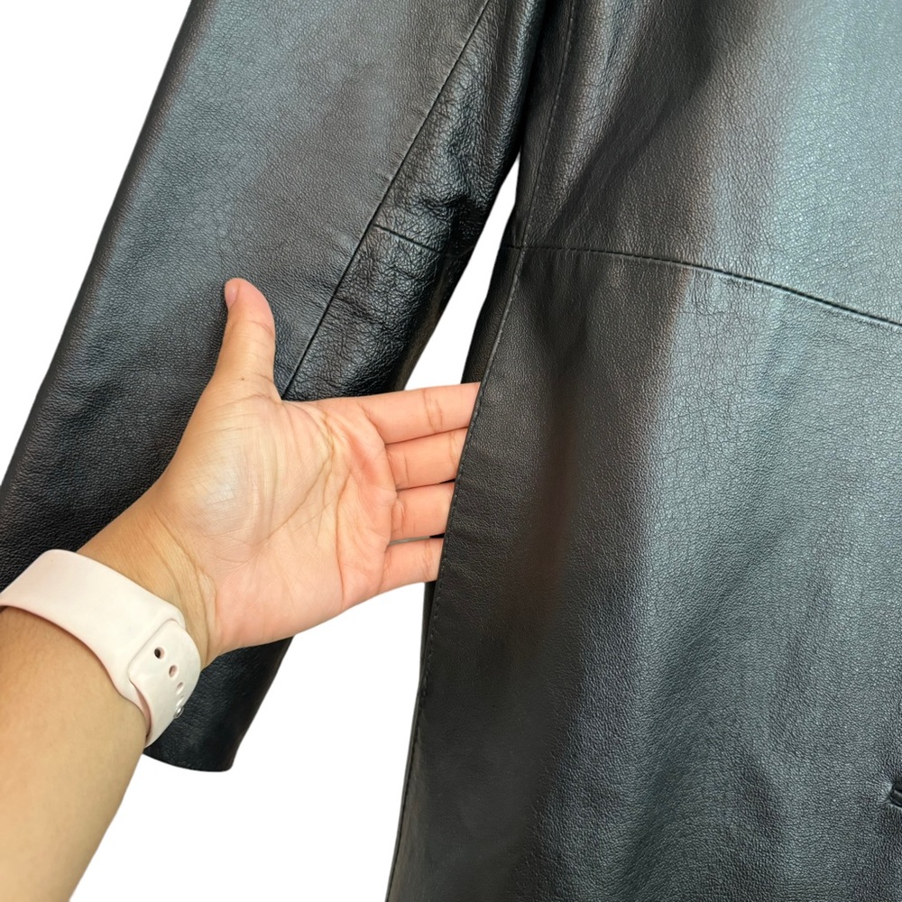 8 CLIO DRESS COAT BLACK LEATHER TRENCH FITTED KNEE LONG 38" BUTTON WOMEN